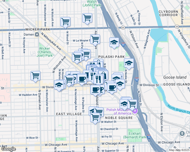 map of restaurants, bars, coffee shops, grocery stores, and more near 1209 North Milwaukee Avenue in Chicago