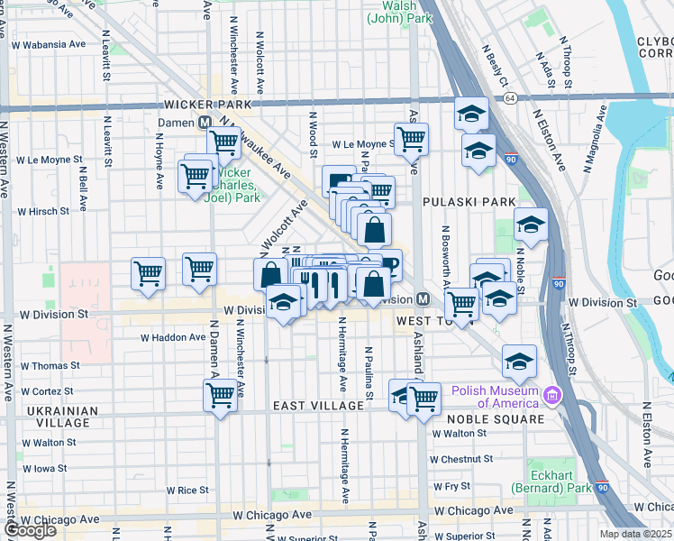 map of restaurants, bars, coffee shops, grocery stores, and more near in Chicago