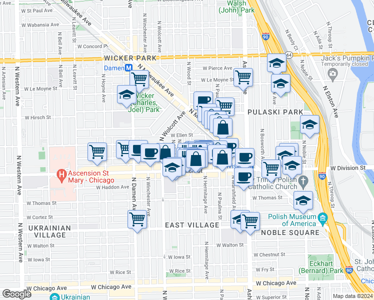 map of restaurants, bars, coffee shops, grocery stores, and more near in Chicago