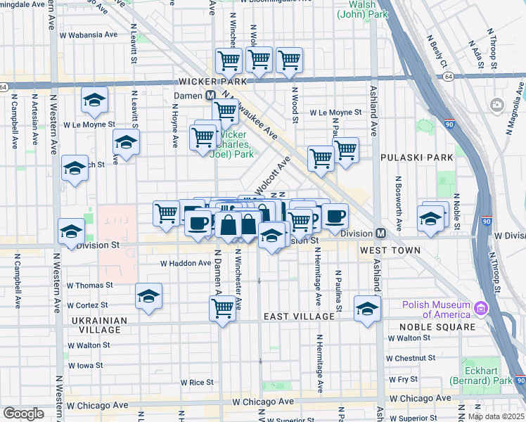 map of restaurants, bars, coffee shops, grocery stores, and more near 1222 North Wolcott Avenue in Chicago