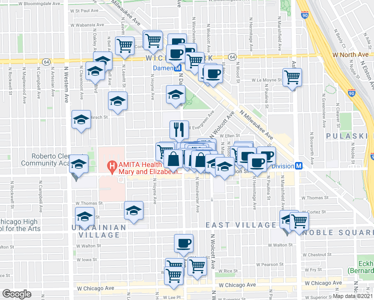 map of restaurants, bars, coffee shops, grocery stores, and more near 1943 West Crystal Street in Chicago