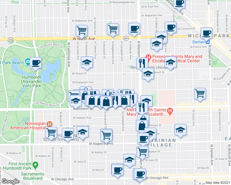 map of restaurants, bars, coffee shops, grocery stores, and more near 1232 North Campbell Avenue in Chicago