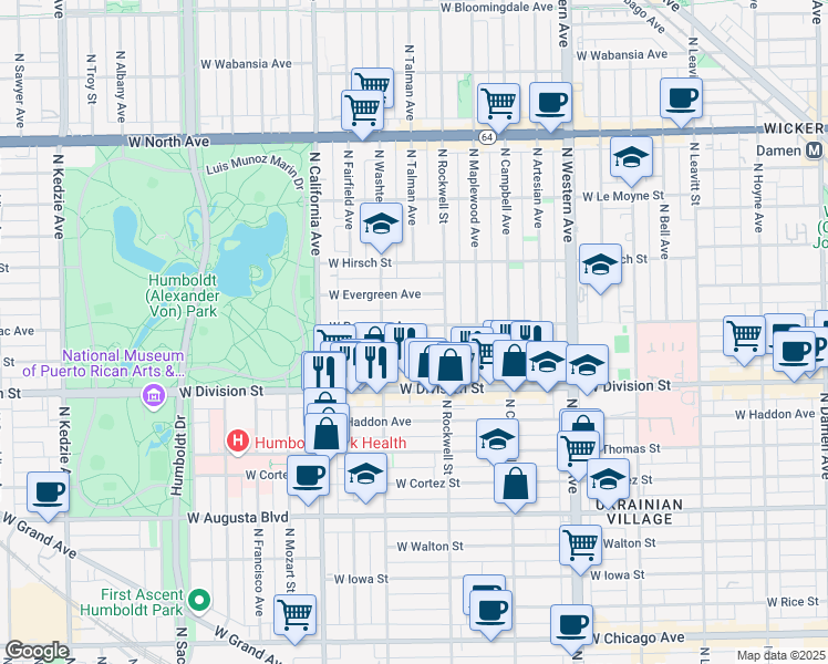 map of restaurants, bars, coffee shops, grocery stores, and more near 2622 West Crystal Street in Chicago