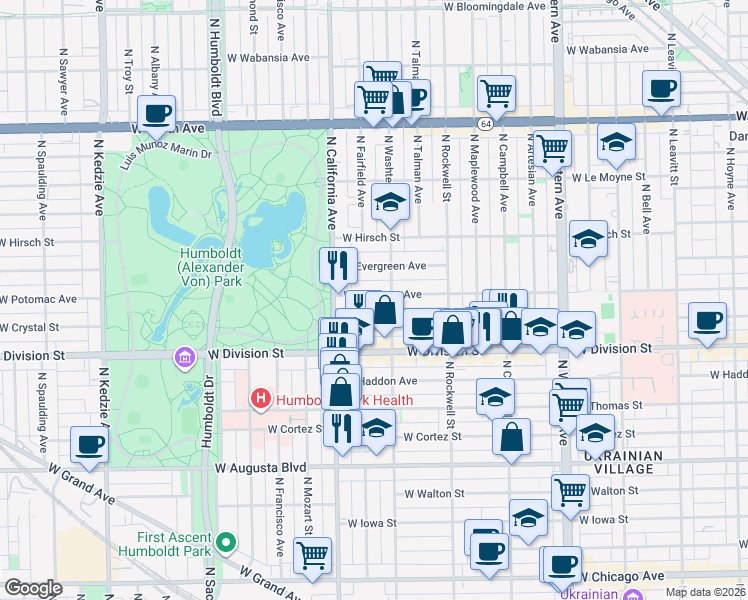 map of restaurants, bars, coffee shops, grocery stores, and more near 1236 North Washtenaw Avenue in Chicago
