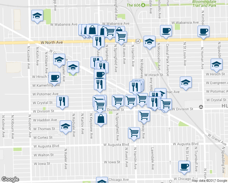 map of restaurants, bars, coffee shops, grocery stores, and more near 1243 North Harding Avenue in Chicago