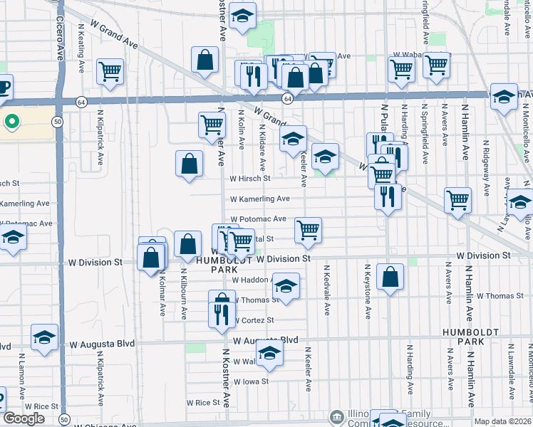 map of restaurants, bars, coffee shops, grocery stores, and more near 1257 North Kildare Avenue in Chicago