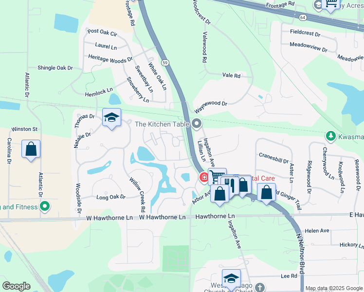 map of restaurants, bars, coffee shops, grocery stores, and more near 1228 Kings Circle in West Chicago