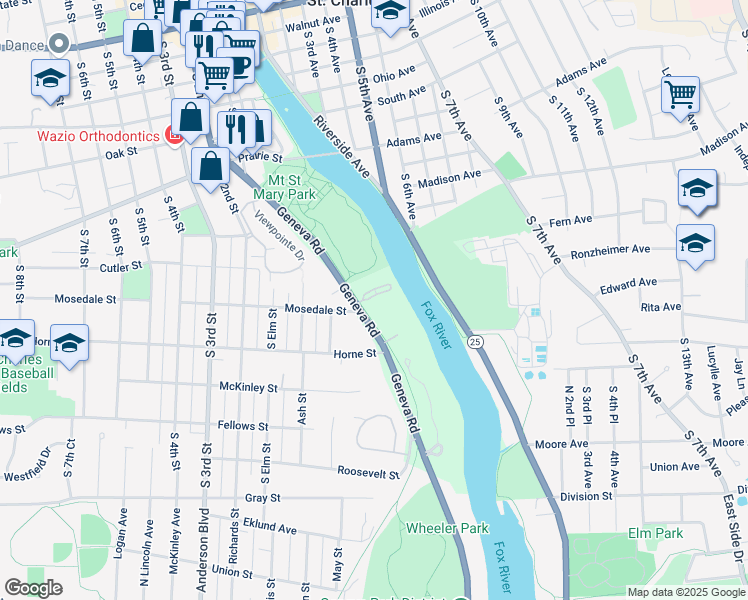map of restaurants, bars, coffee shops, grocery stores, and more near 1011 Geneva Road in St. Charles