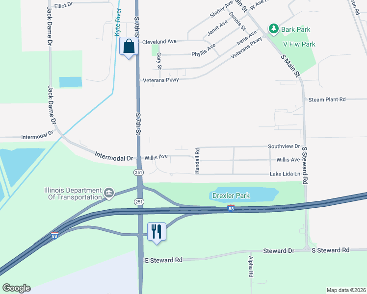 map of restaurants, bars, coffee shops, grocery stores, and more near 410 Willis Avenue in Rochelle