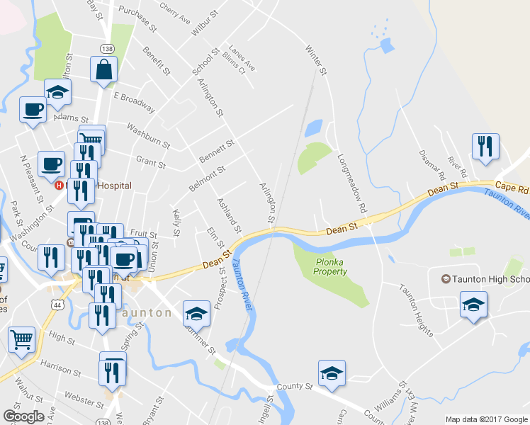 map of restaurants, bars, coffee shops, grocery stores, and more near 117 Arlington Street in Taunton