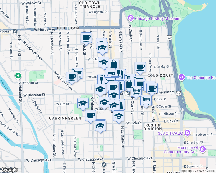 map of restaurants, bars, coffee shops, grocery stores, and more near 211 West Scott Street in Chicago