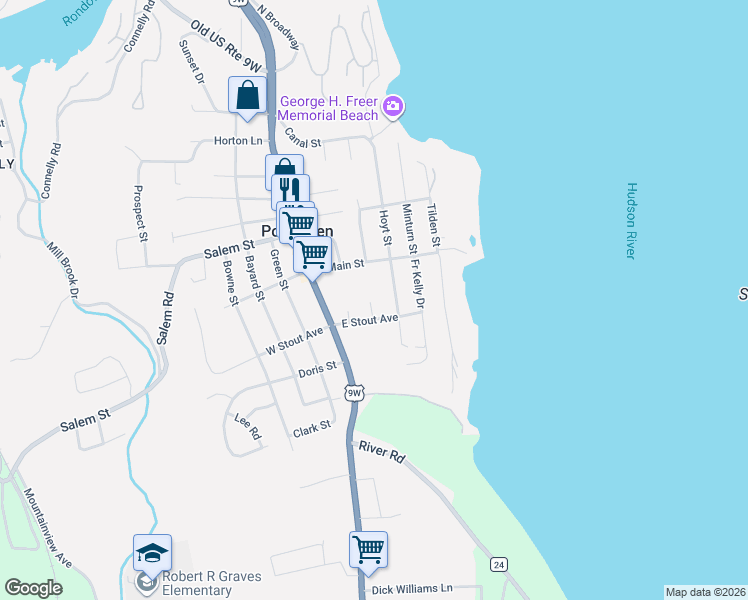 map of restaurants, bars, coffee shops, grocery stores, and more near 126 East Stout Avenue in Port Ewen