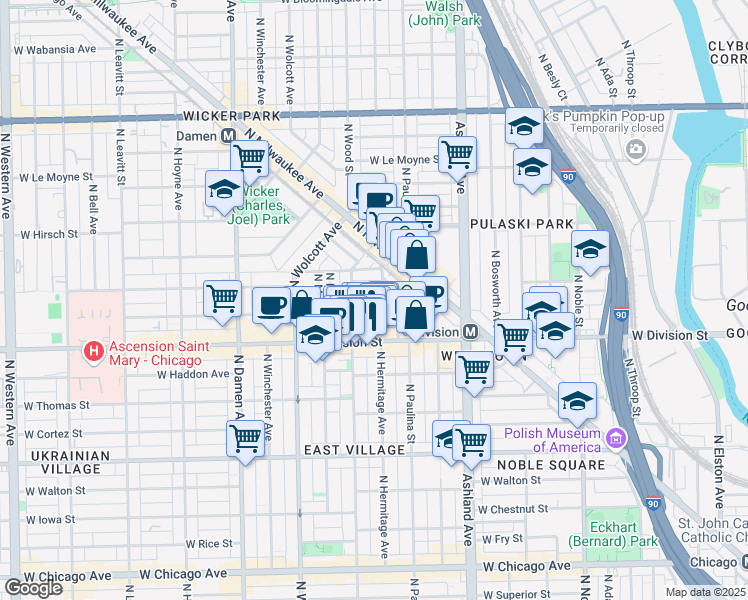 map of restaurants, bars, coffee shops, grocery stores, and more near 1735 West Potomac Avenue in Chicago