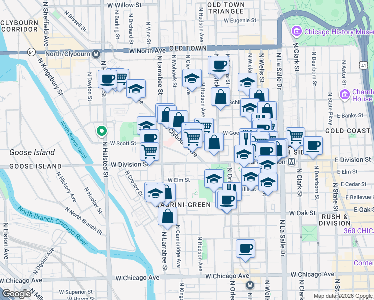 map of restaurants, bars, coffee shops, grocery stores, and more near 1244 North Clybourn Avenue in Chicago