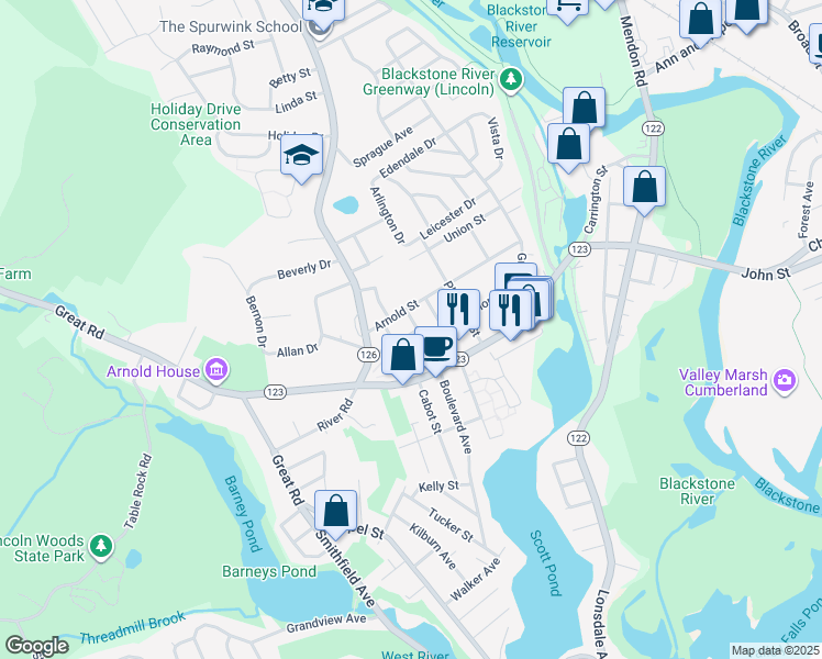 map of restaurants, bars, coffee shops, grocery stores, and more near 15 Charles Street in Lincoln