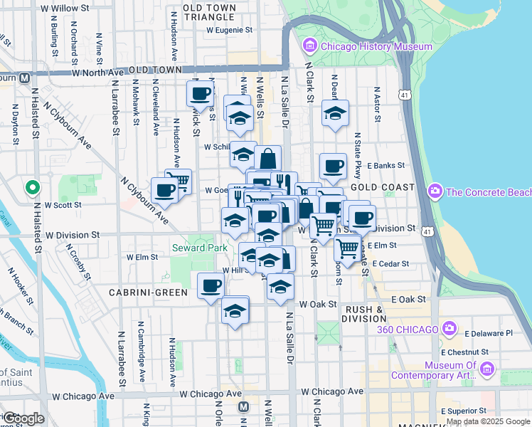 map of restaurants, bars, coffee shops, grocery stores, and more near 1225 North Wells Street in Chicago