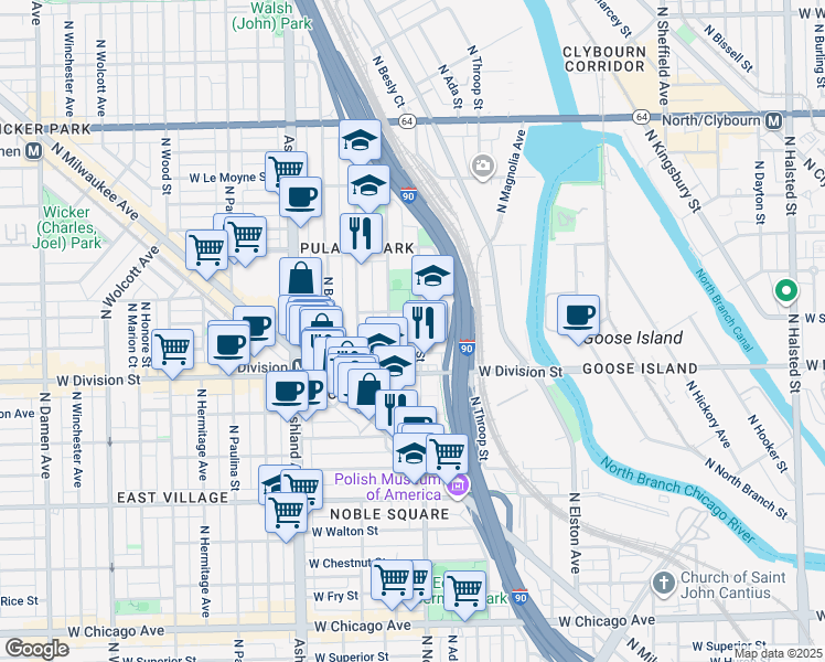 map of restaurants, bars, coffee shops, grocery stores, and more near 1216 North Noble Street in Chicago