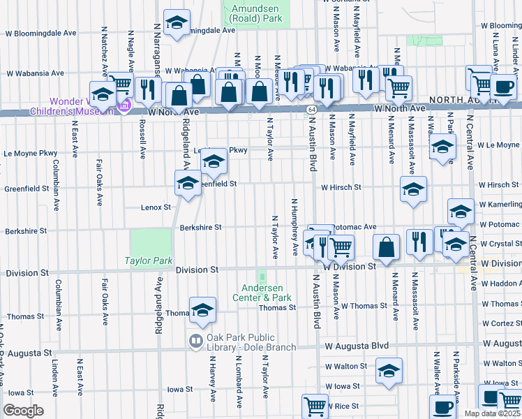 map of restaurants, bars, coffee shops, grocery stores, and more near 1004 Hayes Avenue in Oak Park