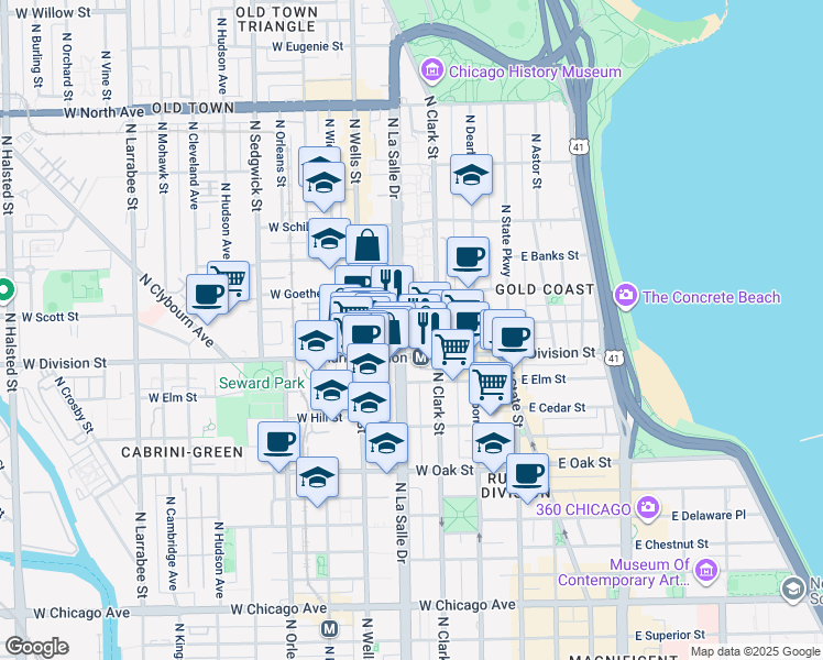 map of restaurants, bars, coffee shops, grocery stores, and more near in Chicago