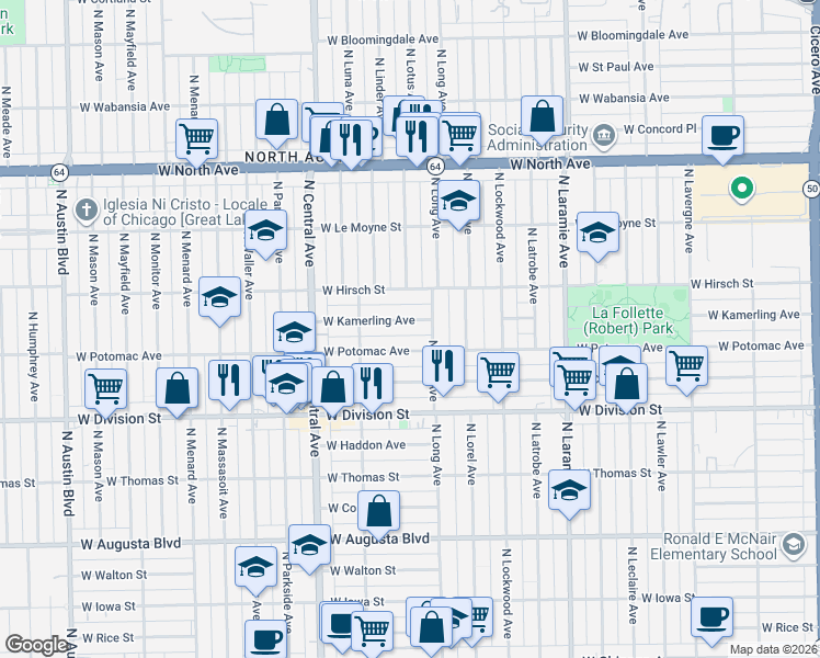 map of restaurants, bars, coffee shops, grocery stores, and more near 5424 West Potomac Avenue in Chicago