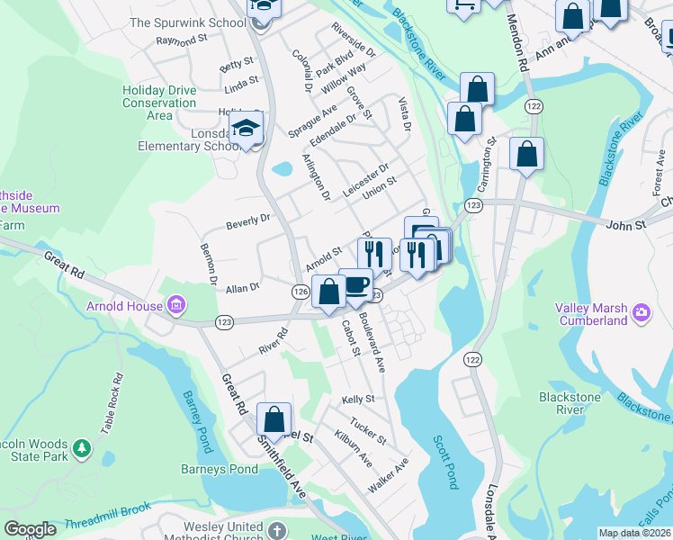 map of restaurants, bars, coffee shops, grocery stores, and more near 17 Charles Street in Lincoln