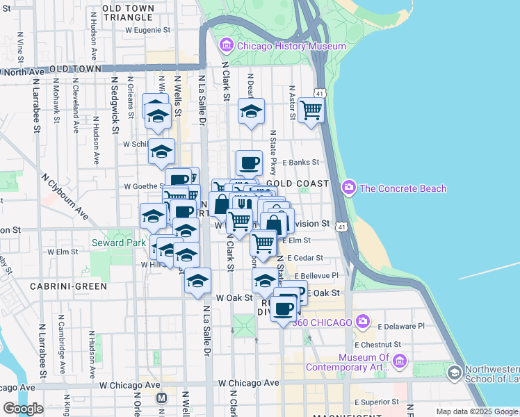 map of restaurants, bars, coffee shops, grocery stores, and more near 1221 North Dearborn Street in Chicago