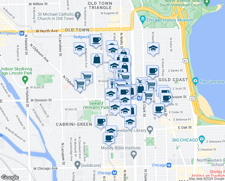 map of restaurants, bars, coffee shops, grocery stores, and more near 235 West Scott Street in Chicago