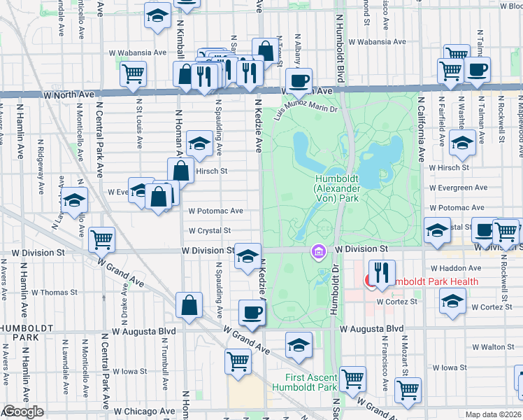 map of restaurants, bars, coffee shops, grocery stores, and more near N Kedzie Ave & W Potomac Ave in Chicago