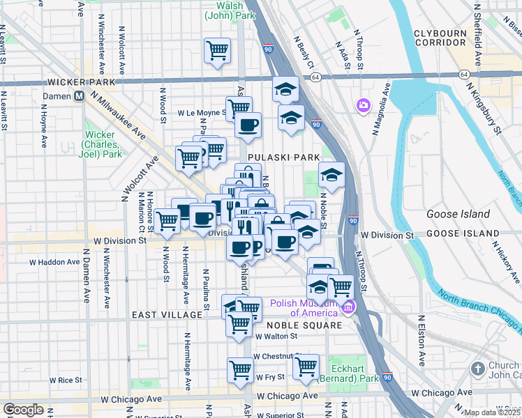 map of restaurants, bars, coffee shops, grocery stores, and more near 1242 North Bosworth Avenue in Chicago