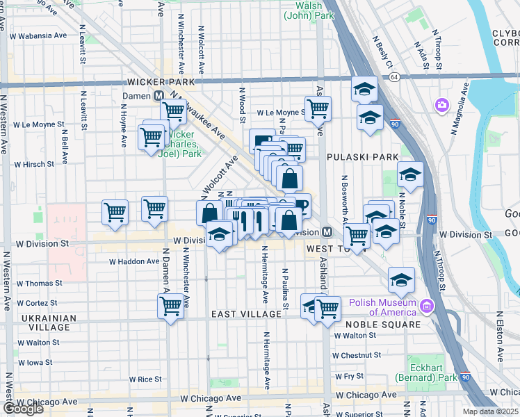 map of restaurants, bars, coffee shops, grocery stores, and more near 1735 West Potomac Avenue in Chicago