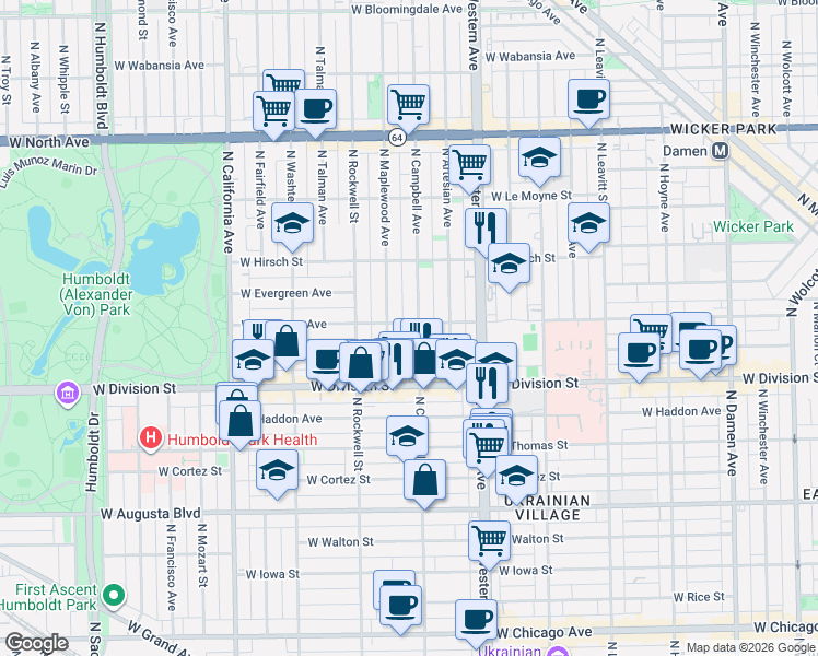 map of restaurants, bars, coffee shops, grocery stores, and more near 1232 North Campbell Avenue in Chicago