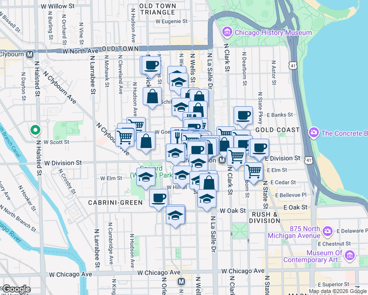 map of restaurants, bars, coffee shops, grocery stores, and more near 211 West Scott Street in Chicago