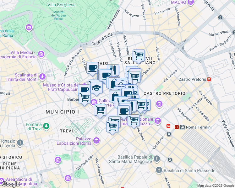 map of restaurants, bars, coffee shops, grocery stores, and more near 86 Via Barberini in Roma