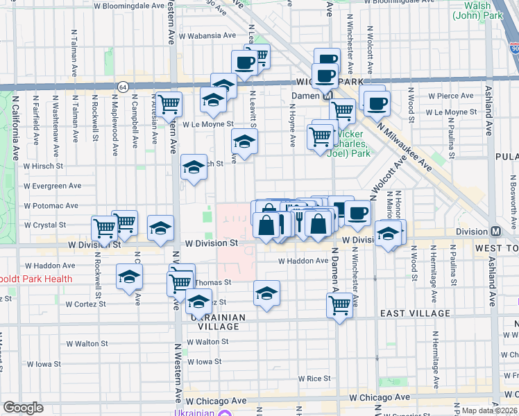 map of restaurants, bars, coffee shops, grocery stores, and more near 2155 West Potomac Avenue in Chicago
