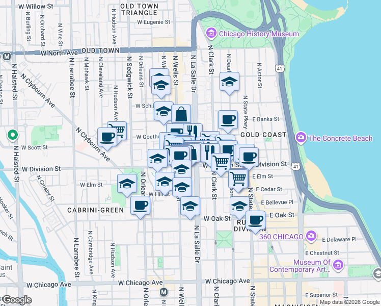 map of restaurants, bars, coffee shops, grocery stores, and more near in Chicago