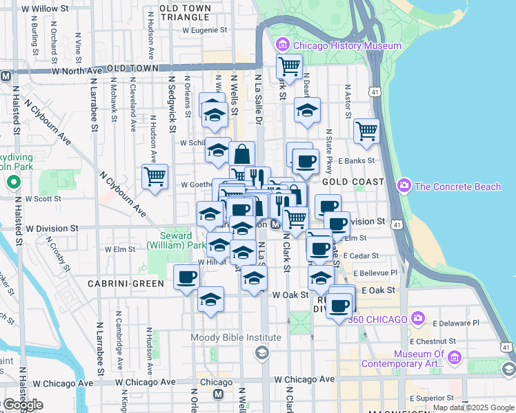 map of restaurants, bars, coffee shops, grocery stores, and more near 1220 North LaSalle Street in Chicago