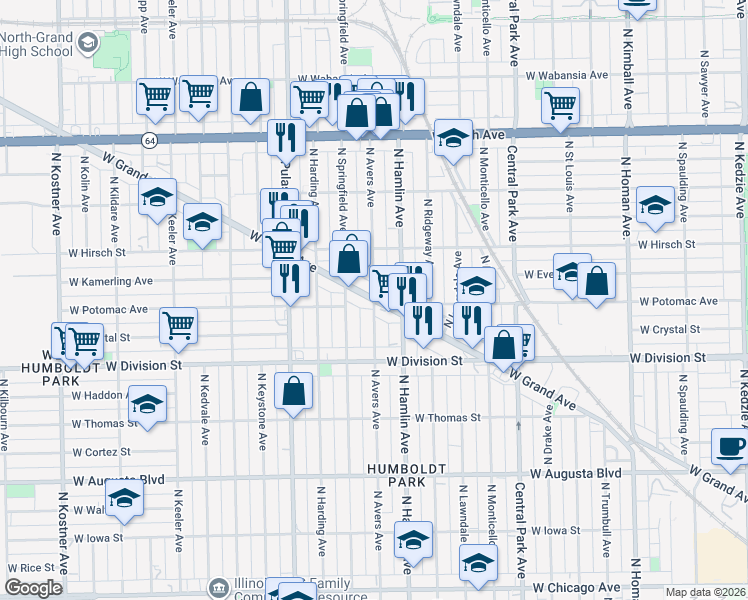map of restaurants, bars, coffee shops, grocery stores, and more near W Grand Ave & N Avers Ave in Chicago
