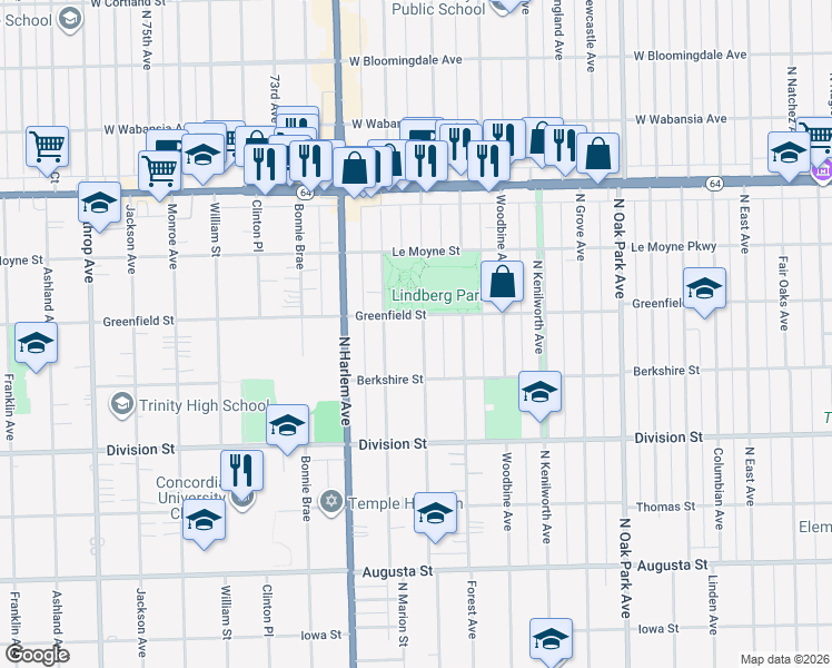 map of restaurants, bars, coffee shops, grocery stores, and more near 1037 Belleforte Avenue in Oak Park