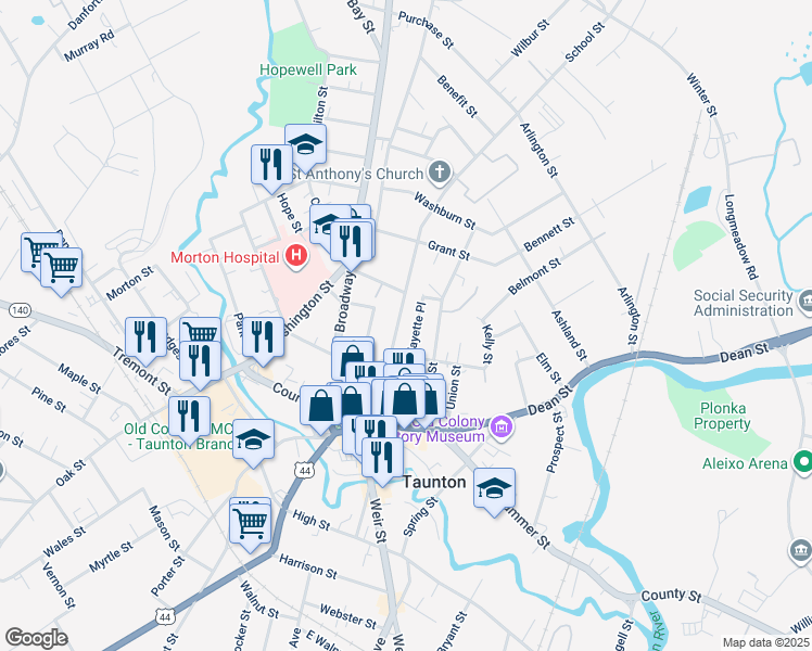 map of restaurants, bars, coffee shops, grocery stores, and more near 2 Fayette Place in Taunton