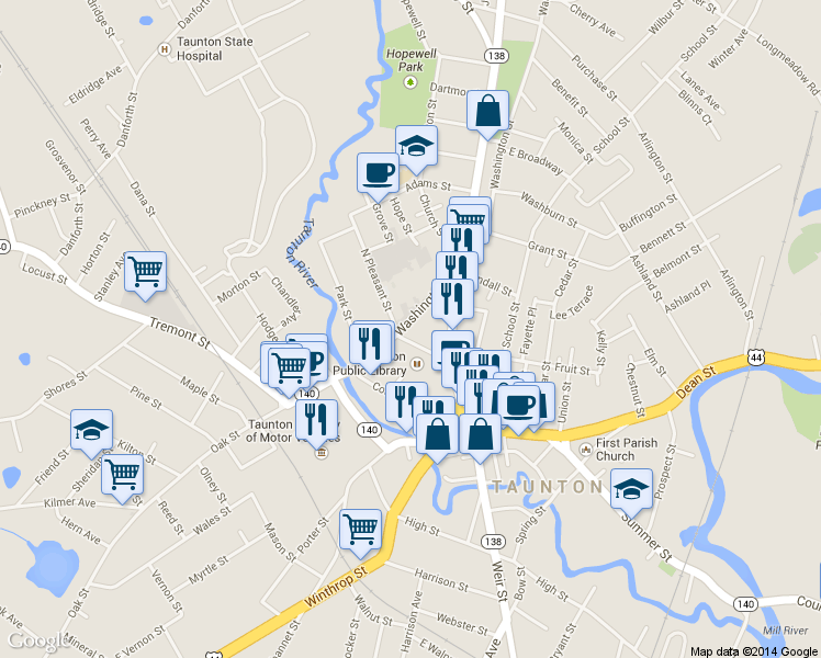 map of restaurants, bars, coffee shops, grocery stores, and more near 18 Pleasant Street in Taunton