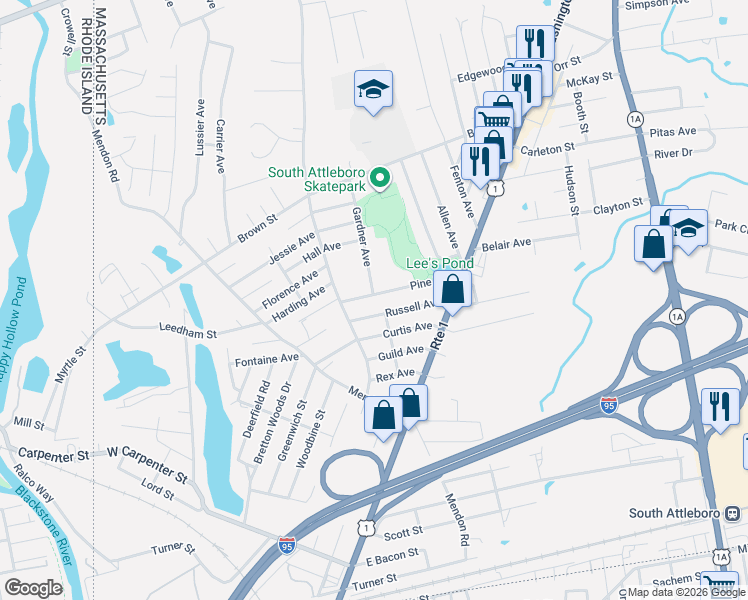 map of restaurants, bars, coffee shops, grocery stores, and more near 80 Russell Avenue in Attleboro
