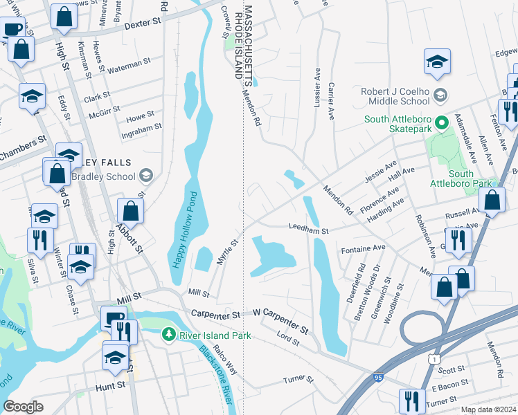map of restaurants, bars, coffee shops, grocery stores, and more near 415 Brown Street in Attleboro