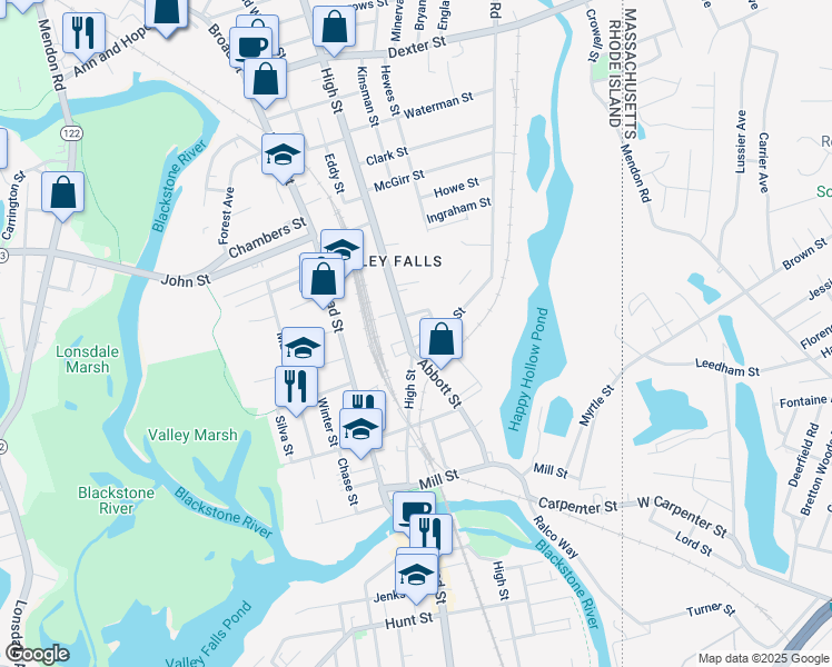 map of restaurants, bars, coffee shops, grocery stores, and more near 141 High Street in Cumberland