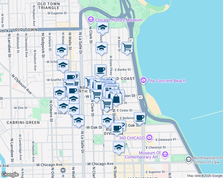 map of restaurants, bars, coffee shops, grocery stores, and more near 1201 North State Parkway in Chicago