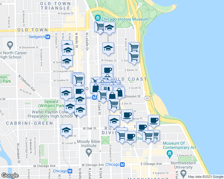 map of restaurants, bars, coffee shops, grocery stores, and more near 21 West Division Street in Chicago