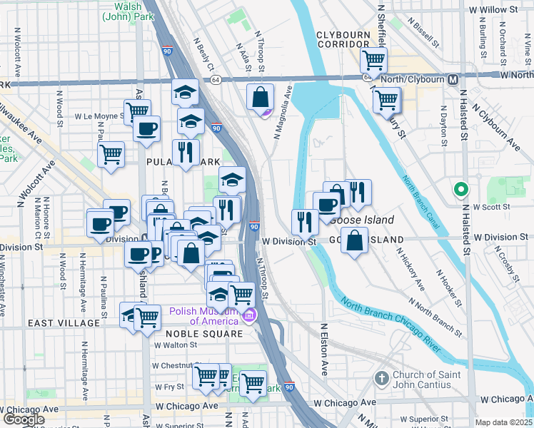 map of restaurants, bars, coffee shops, grocery stores, and more near 1250 West Division Street in Chicago
