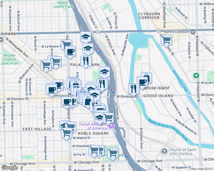map of restaurants, bars, coffee shops, grocery stores, and more near 1363 West Crystal Street in Chicago