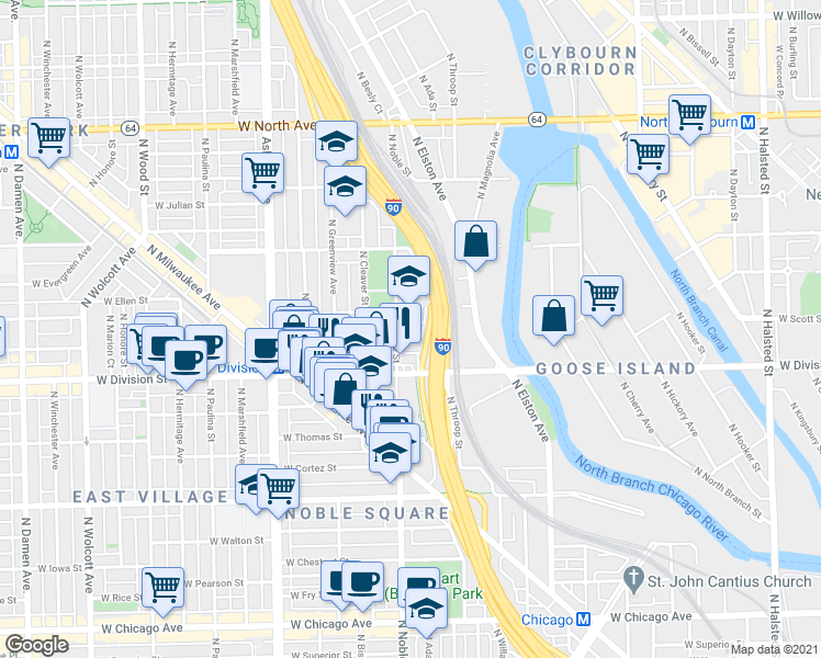 map of restaurants, bars, coffee shops, grocery stores, and more near 1363 West Crystal Street in Chicago