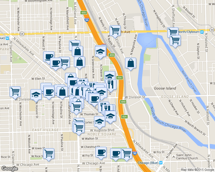 map of restaurants, bars, coffee shops, grocery stores, and more near 1216 North Noble Street in Chicago