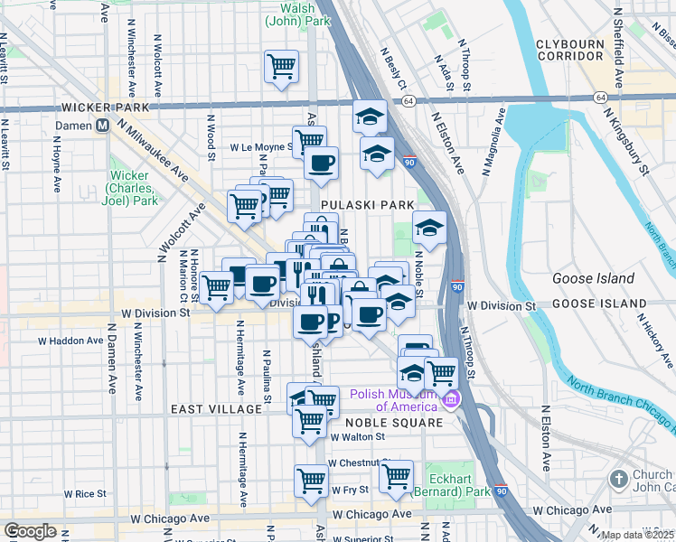 map of restaurants, bars, coffee shops, grocery stores, and more near 1244 North Bosworth Avenue in Chicago